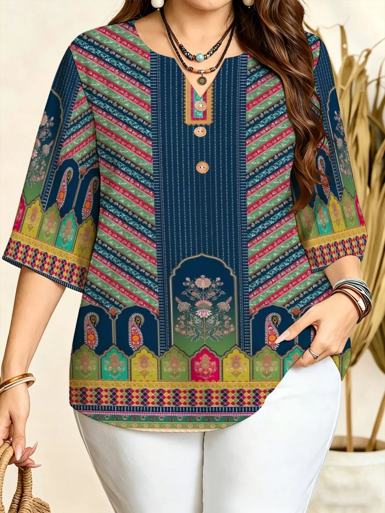 Women Notch V Neck 3/4 Sleeve Blouse Ethnic Patchwork Paisley Floral Geometric Print Boho Vacation Daily Loose Top