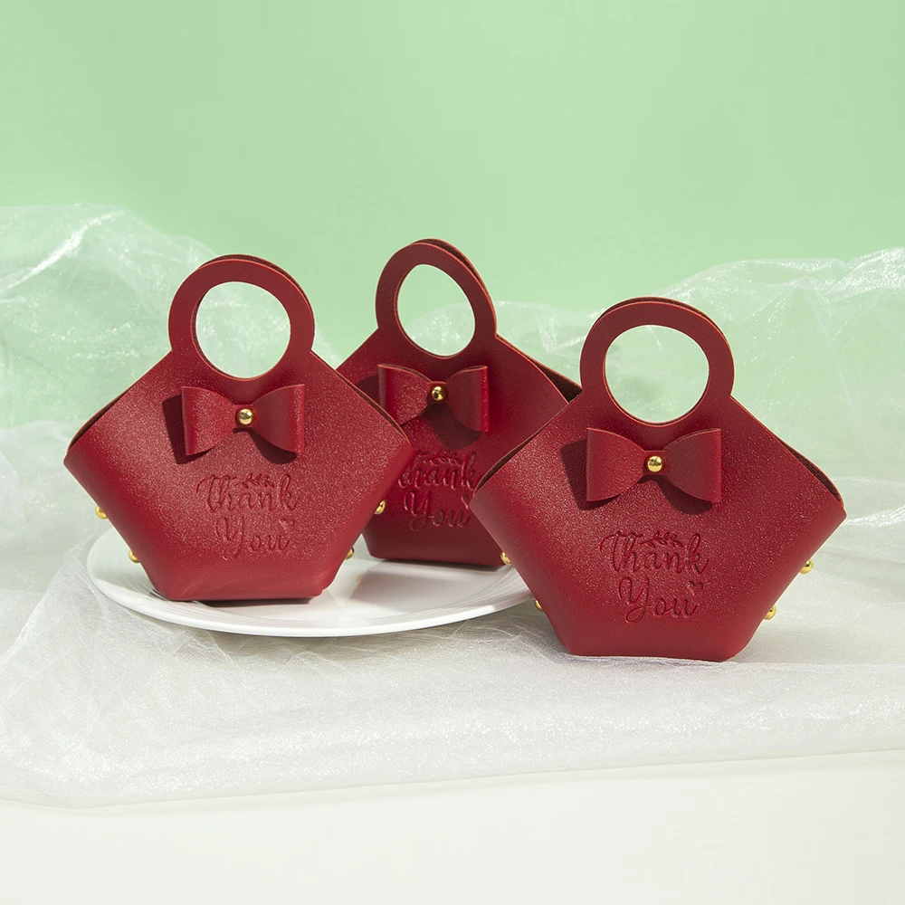 Christmas Red PU Leather Jewelry Candy Bag Box 16x9x7cm Wedding Candy Chocolate Handbag with Bowknot Soap Perfume Stocking Pouch