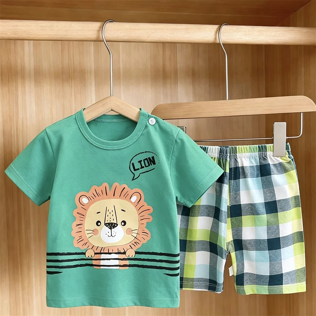 Cartoon TShirt+Shorts Two Piece Set Summer Casual Fashion Clothing Round Neck Tees Simple Versatile Shorts Kids New Design Suit
