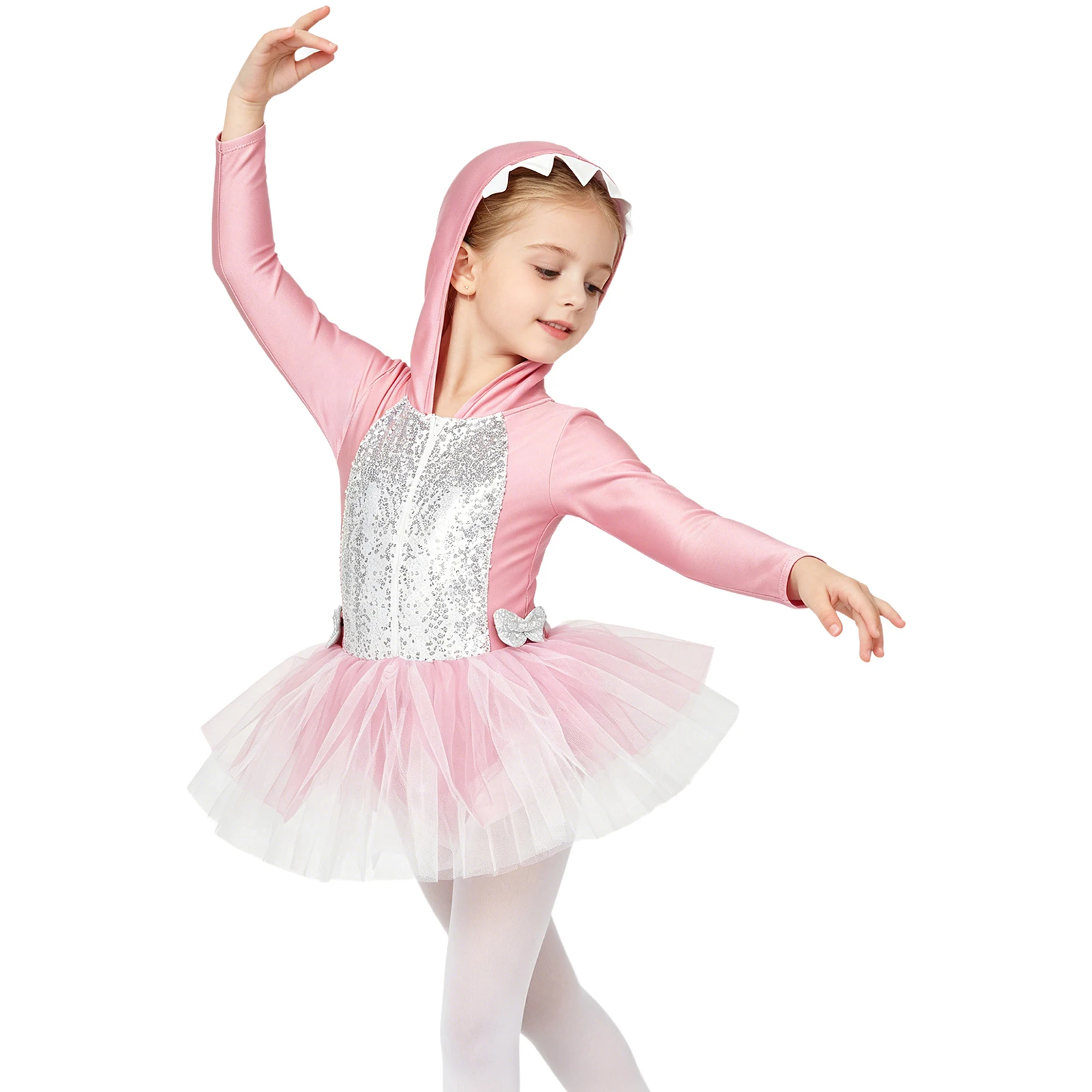 Kid Girls Shark Style Tutu Costume Long Sleeve Sequin Zipper Hooded Tulle Dress with Fin And Bowknots for Halloween Theme Party
