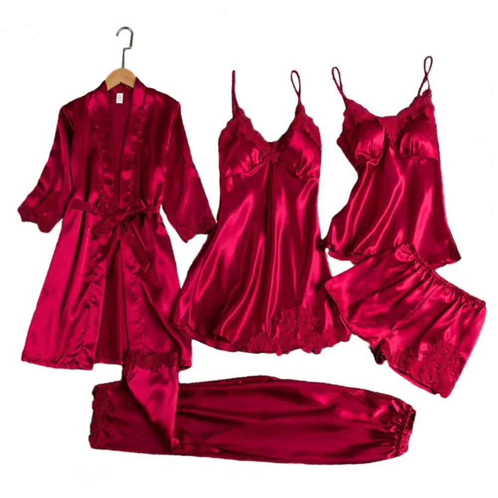 Women 5-piece Pajama Set Silk Pajama Set Elegant Silky Satin Lace Patchwork Women's Pajamas Set with Lace-up Waist 5 Piece