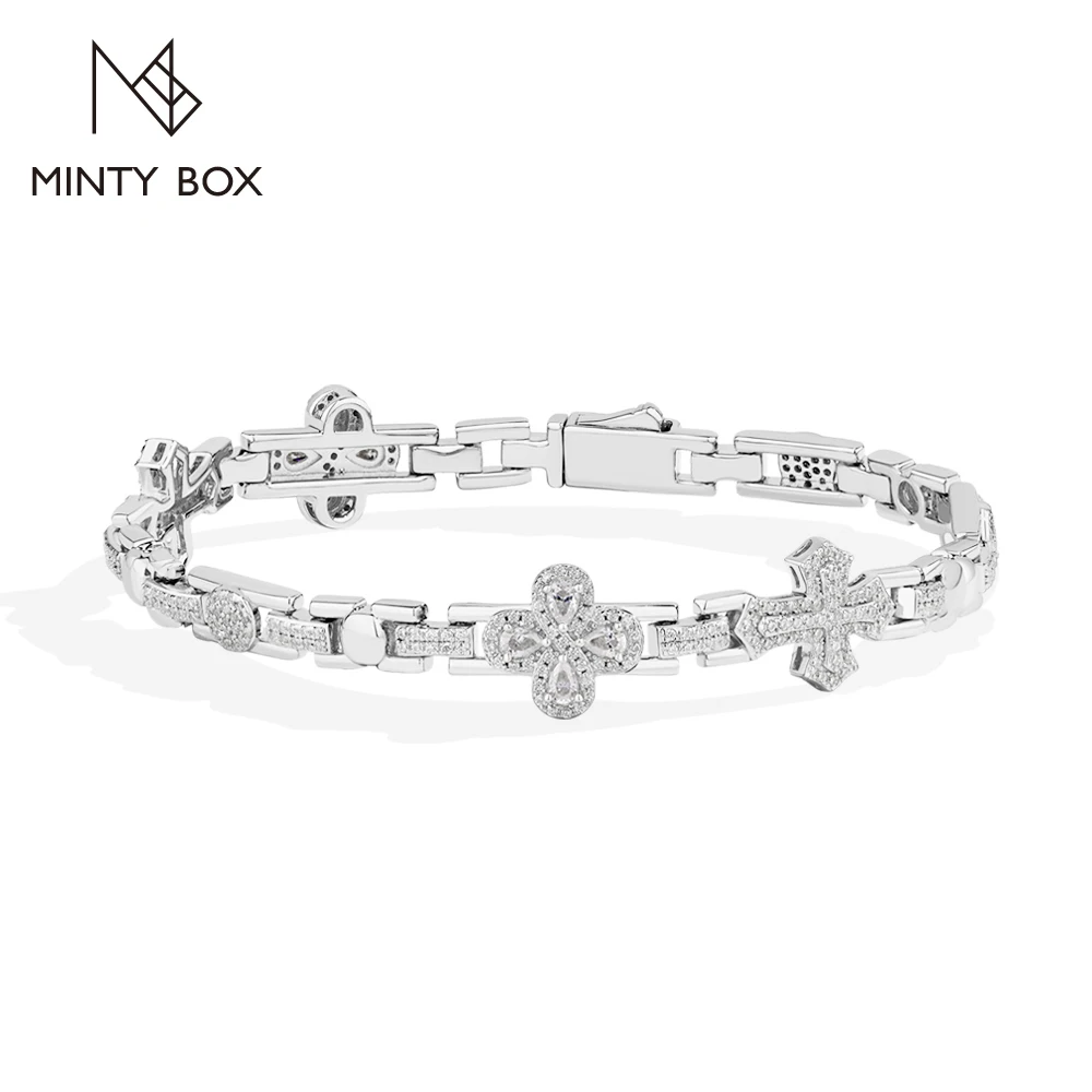 MINTYBOX Cross Moissanite Bracelets for Women Men 925 Silver Vintage Bling Clover Bracelet Engagement Wedding Jewelry Party Gift