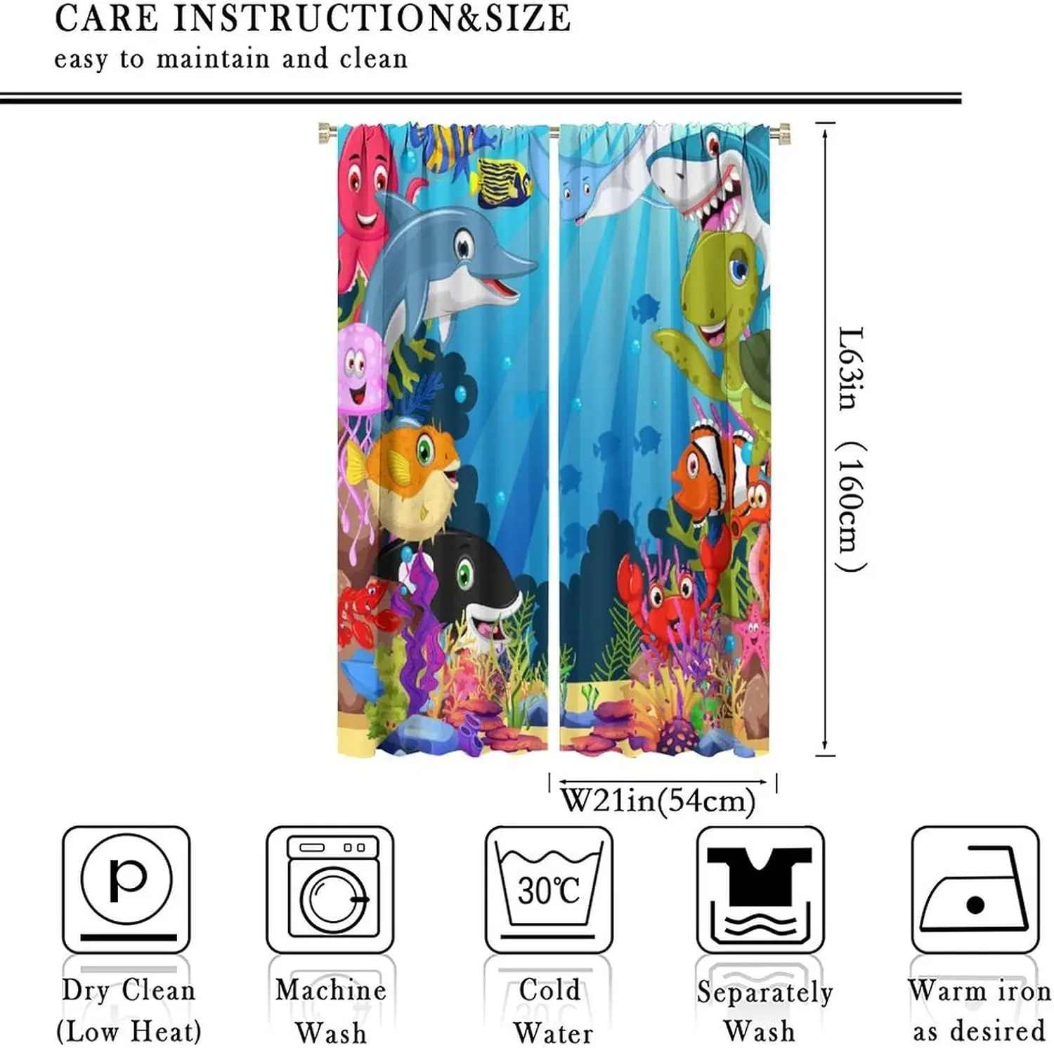 Cartoon Sea Animals Curtains,Cute Shark Sea Turtle Print Window Treatments for Boys Child Study Baby Room Ocean Wildlife Marine