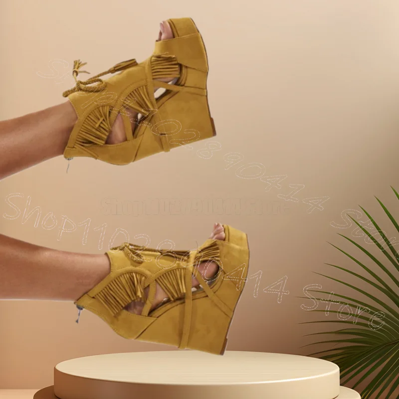 

Yellow Suede Tassels Wedges Heel Platform Sandals Back Zipper Women Shoes Peep Toe Party Feast Dating 2026 Zapatos Para Mujere