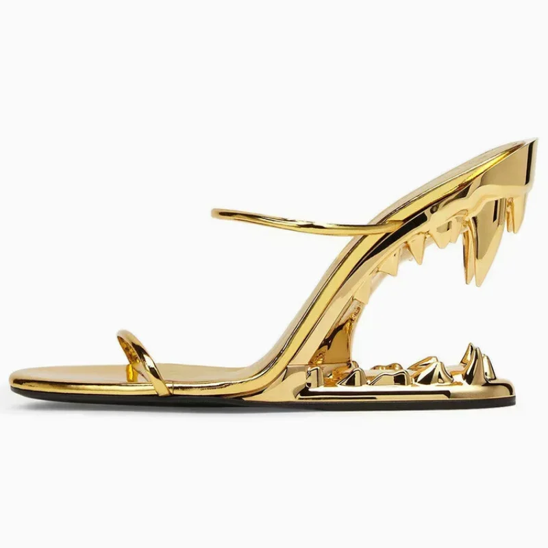 2023 Summer New Imitation Fangs Heel Round Sandals Super High Heels Gold Party Slippers Size 34-43 Profiled Shoe Women\'s Shoes