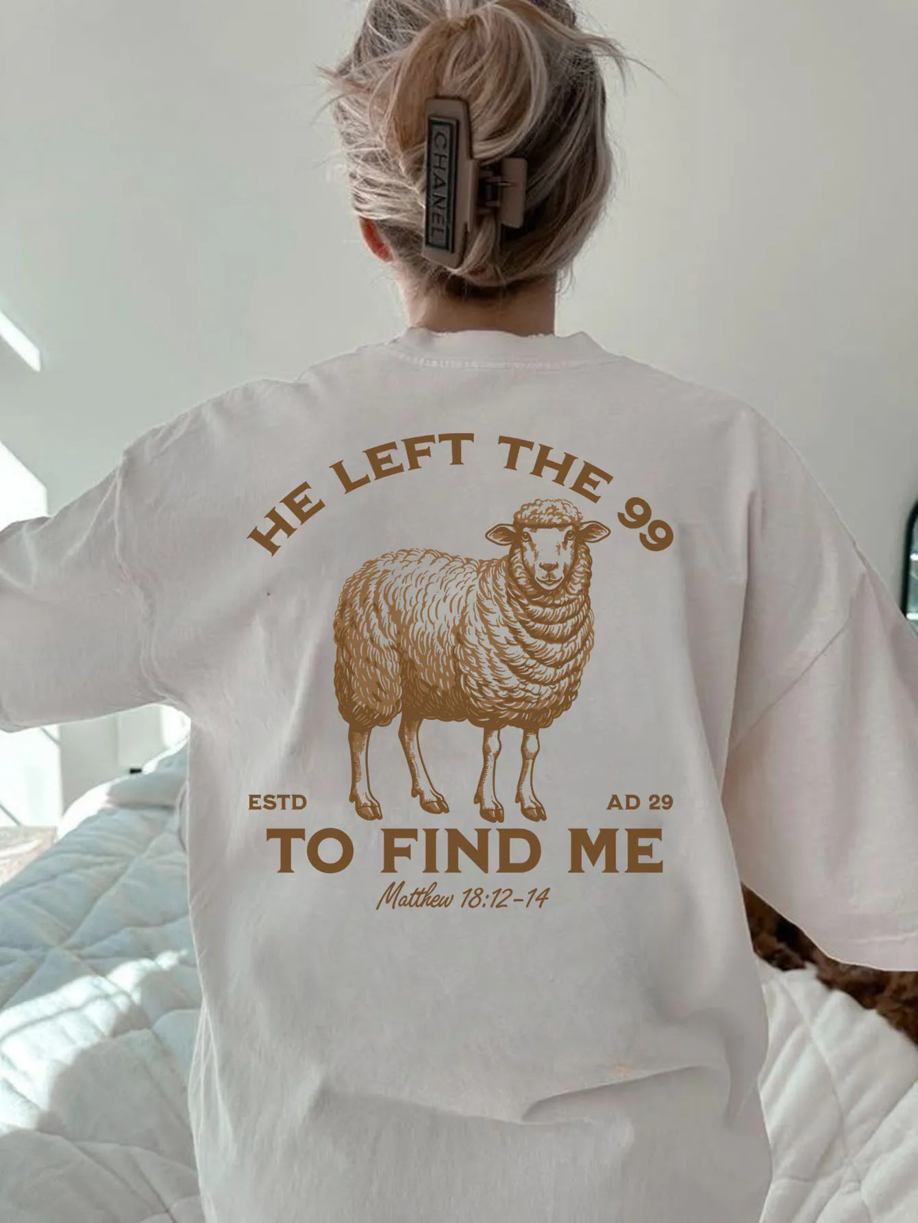 

Line Art & Inspirational Bible Verse Matthew Back Print Tee Women's Short Sleeve T-Shirt Casual Loose Fit Sheep Graphic Tops