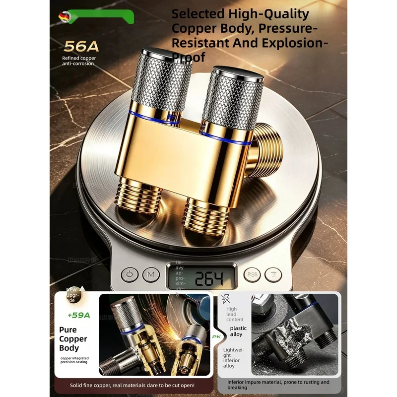 Pure copper double-outlet washing machine faucet, one-in-two-out angle valve, three-way automatic shut-off valve, and one-to-...