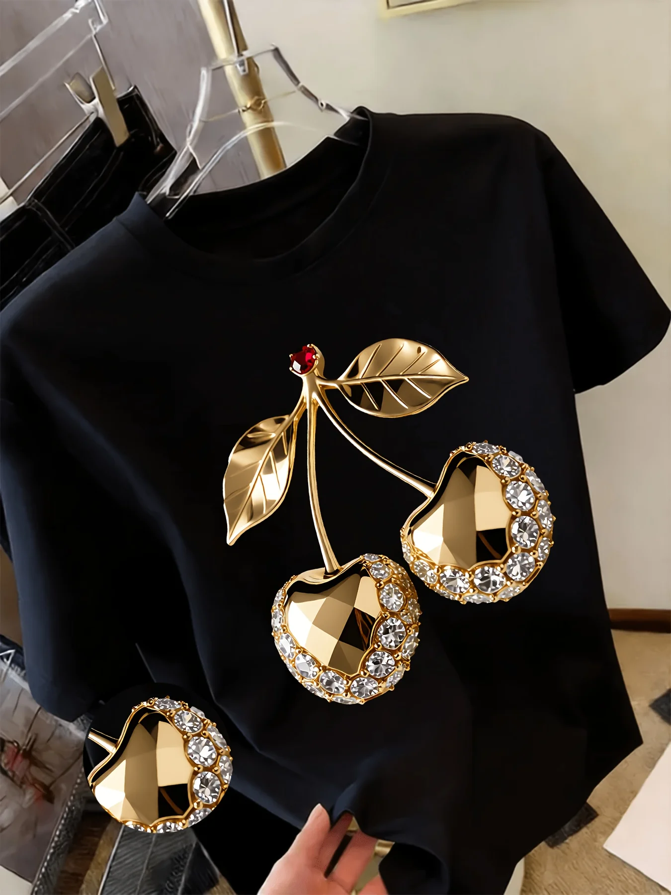 Women's Y2K Golden Cherry Print T-Shirt with Diamond Embellishments Spring Summer Wardrobe Essential  for Parties Casual Attire