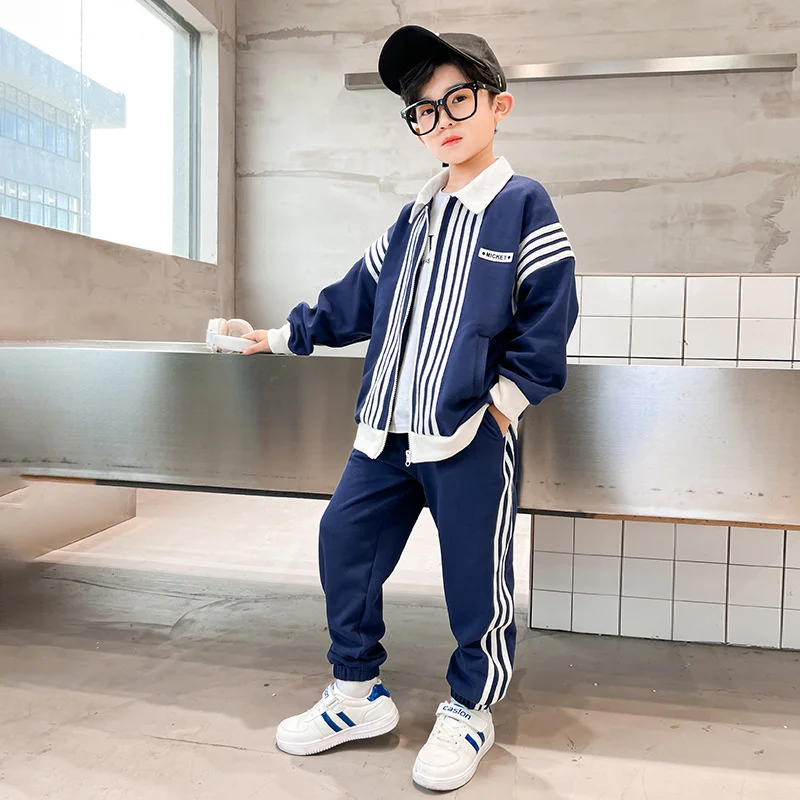 Boys Suit Coat +Pants Cotton 2Pcs/Sets 2023 Navy Blue Spring Autumn Sports Sets Windproof Thicken Children Clothing