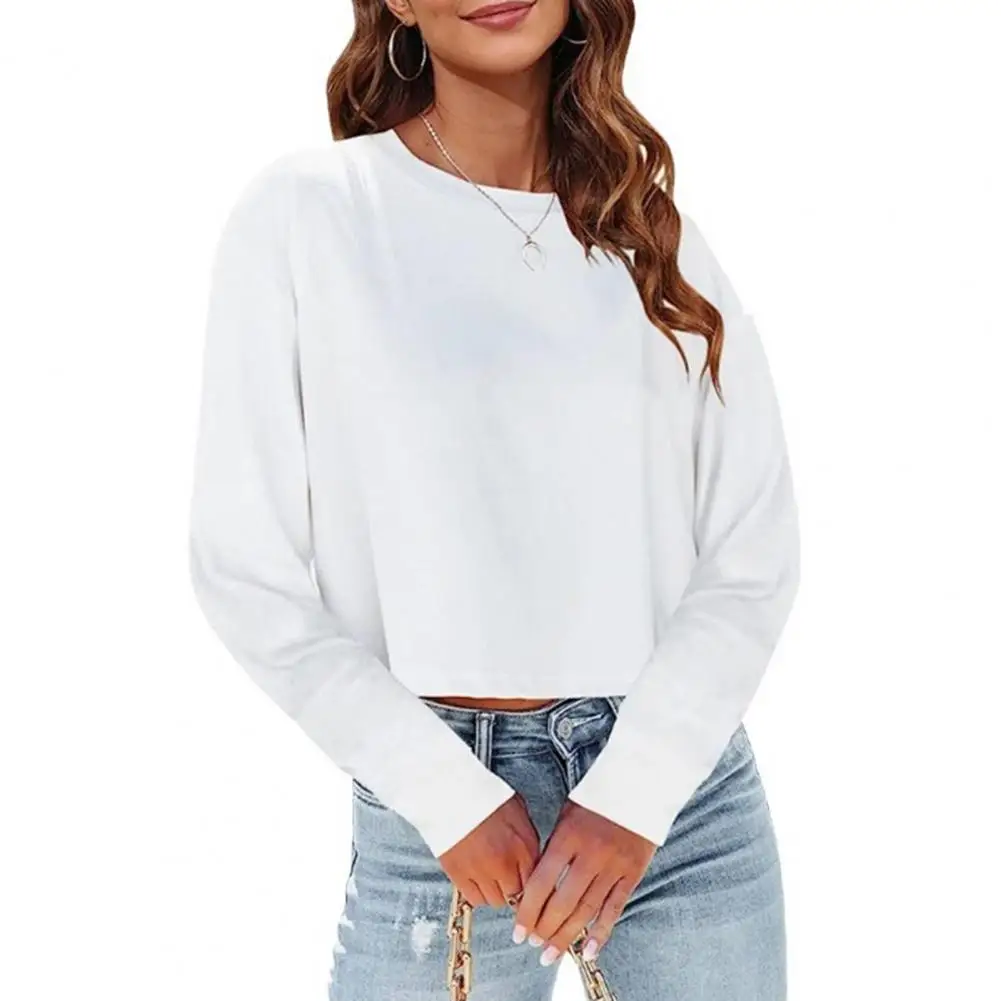 Comfortable Round Neck Blouse Stylish Women's Round Neck Long Sleeve Pullover Tops Solid Color Loose Fit Cropped Tops for Casual