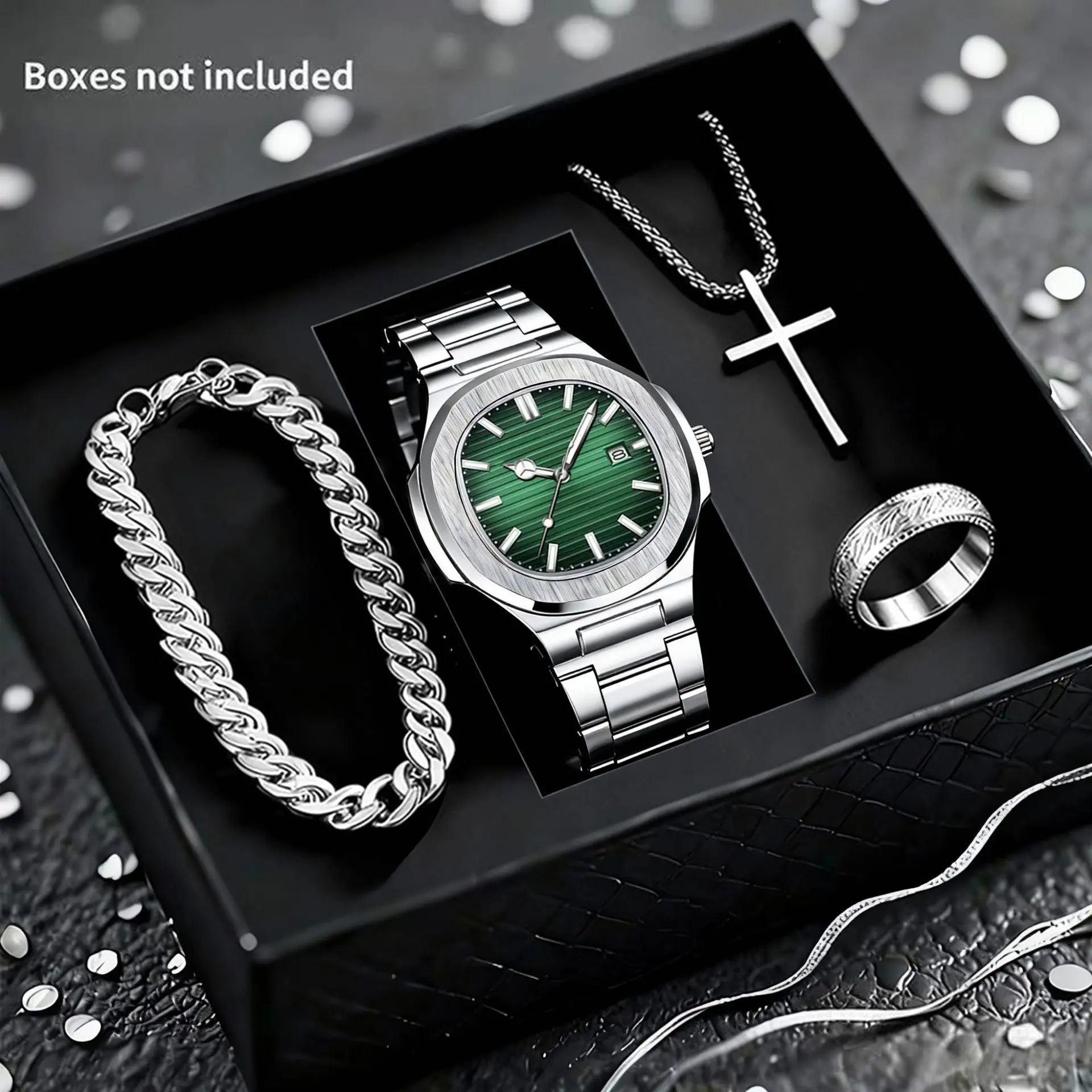 

Набор из 4 предметов: мужские часы из нержавеющей стали, браслет, кольцо, ожерелье. Подарочный набор из 2 предметов: мужские деловые повседневные кварцевые часы.