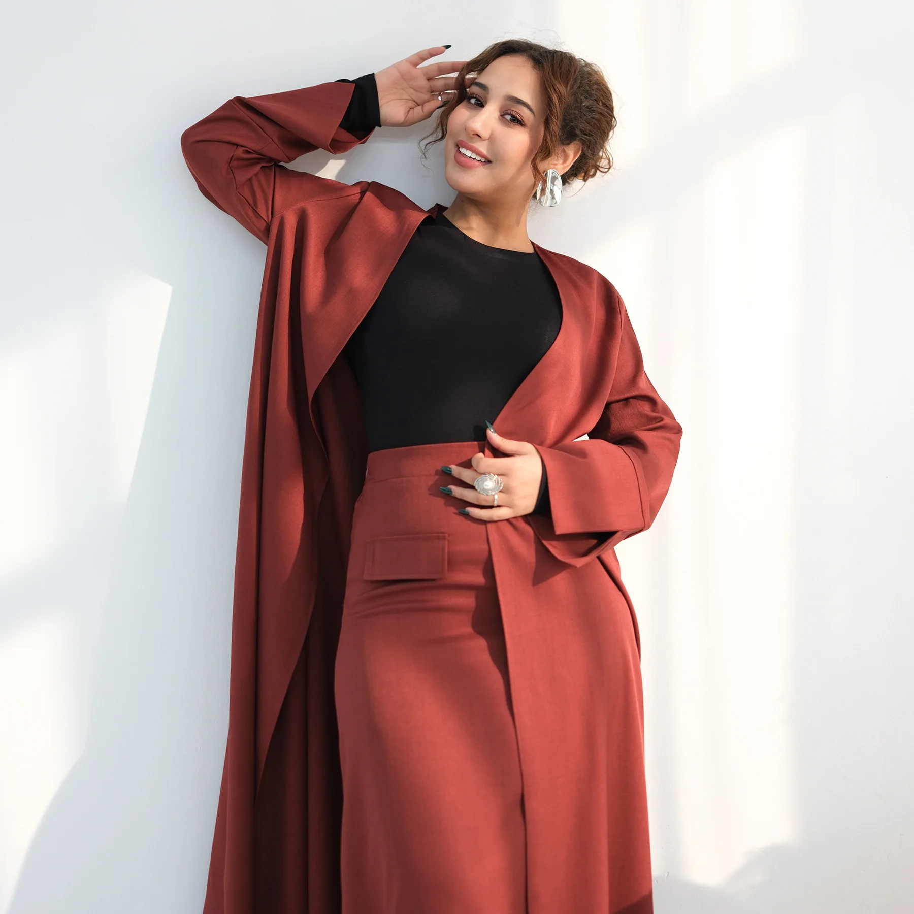 

Dubai Modest Two-piece Muslim Outfit Set Women Ramadan Arabic Cardigan Abaya Dress Open Cardigan High Waist Midi Skirt Clothing