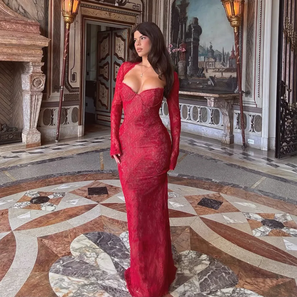 Spitze durchsichtiger Schal Langarm Top Set trägerloses figurbetontes Meerjungfrau-Rock-Set gerafftes Bustier zweiteiliges Set schlankes Abend-Outfit