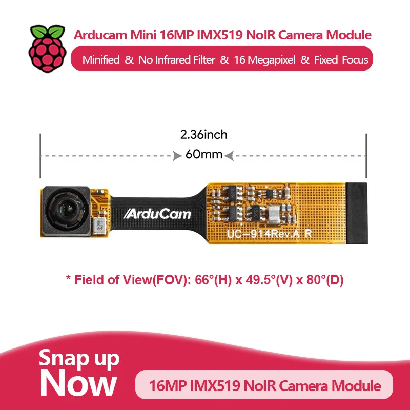 Arducam Mini 16MP IMX519 NoIR Camera Module, 16 Megapixel, compatible with Raspberry Pi 5 and Zero series