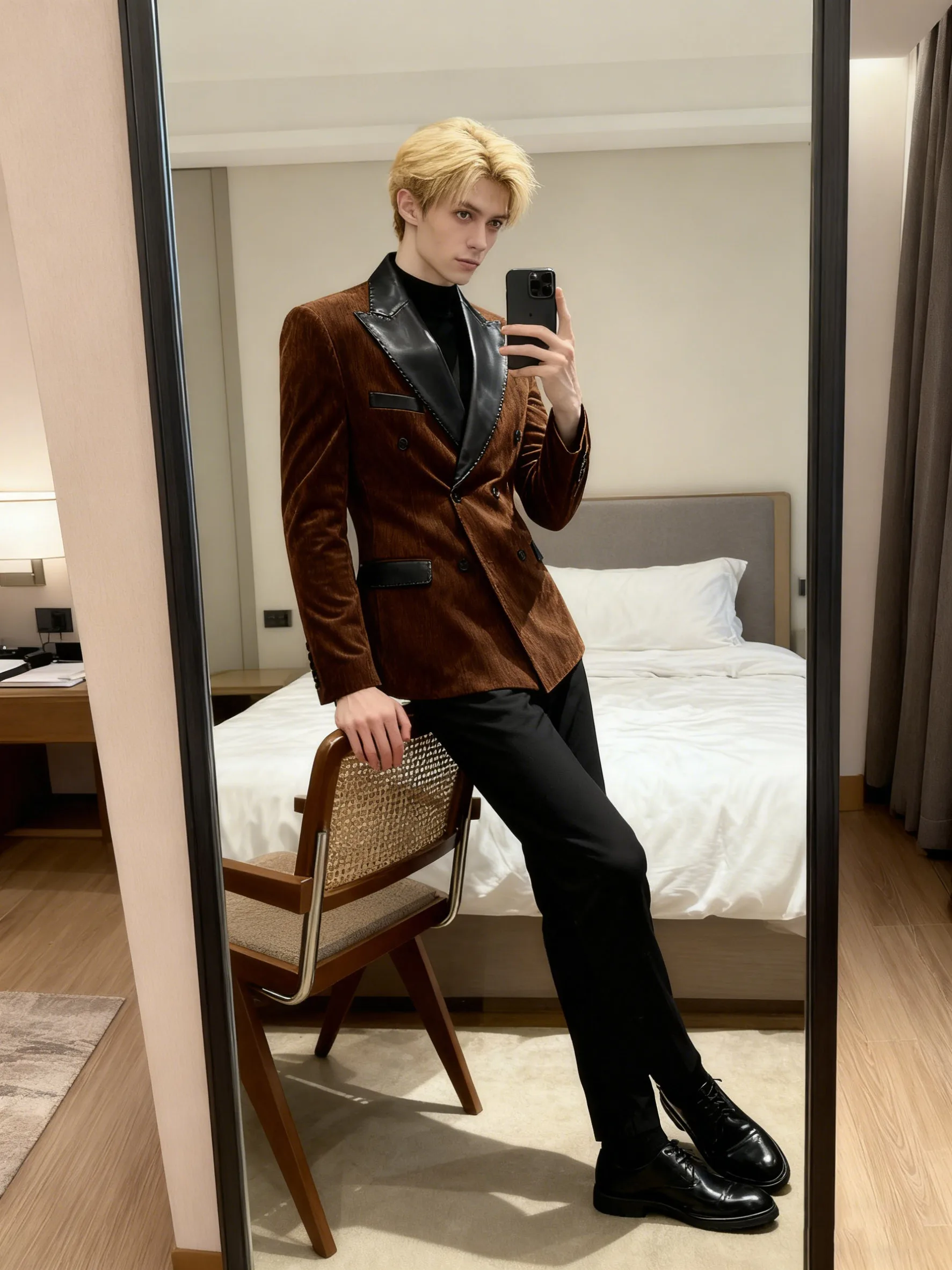 Męski, luksusowy, dwurzędowy żakiet w stylu brytyjskim, biznesowy, casualowy, ze skóry PU, z łączonym kołnierzem, płaszcz, strój na wesele/przyjęcie.