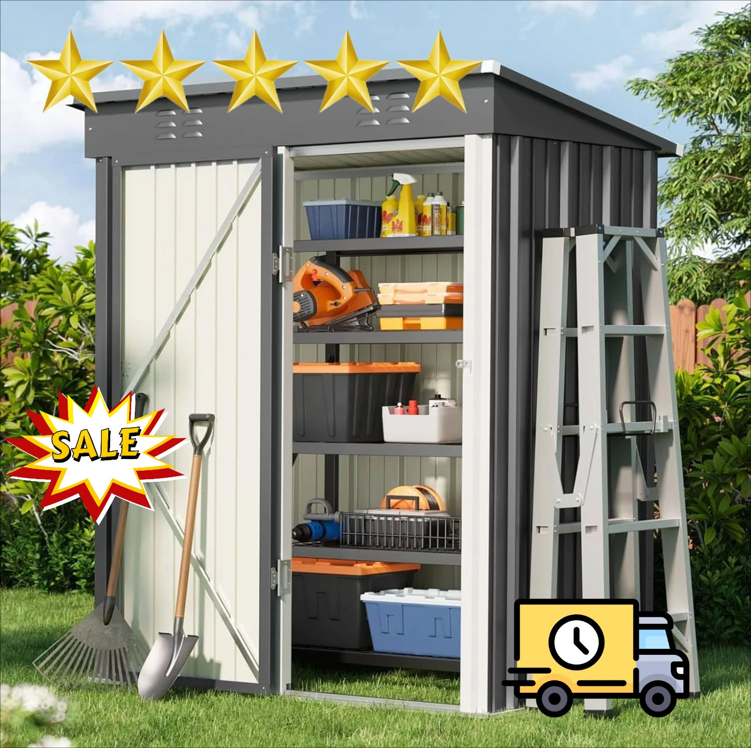 2025 ใหม่ 5 'x 3' กลางแจ้ง Storage Shed Clearance,โลหะกลางแจ้งตู้เดี่ยวล็อคประตู, กันน้ําเครื่องมือ Shed