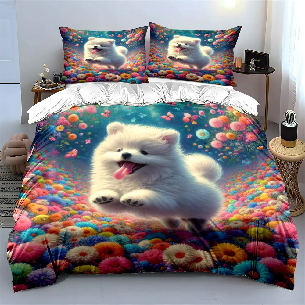 Joyful white dog in flower field Duvet Cover Set with 3D Printing Design Soft Polyester Bedding Set All-Season Comfort