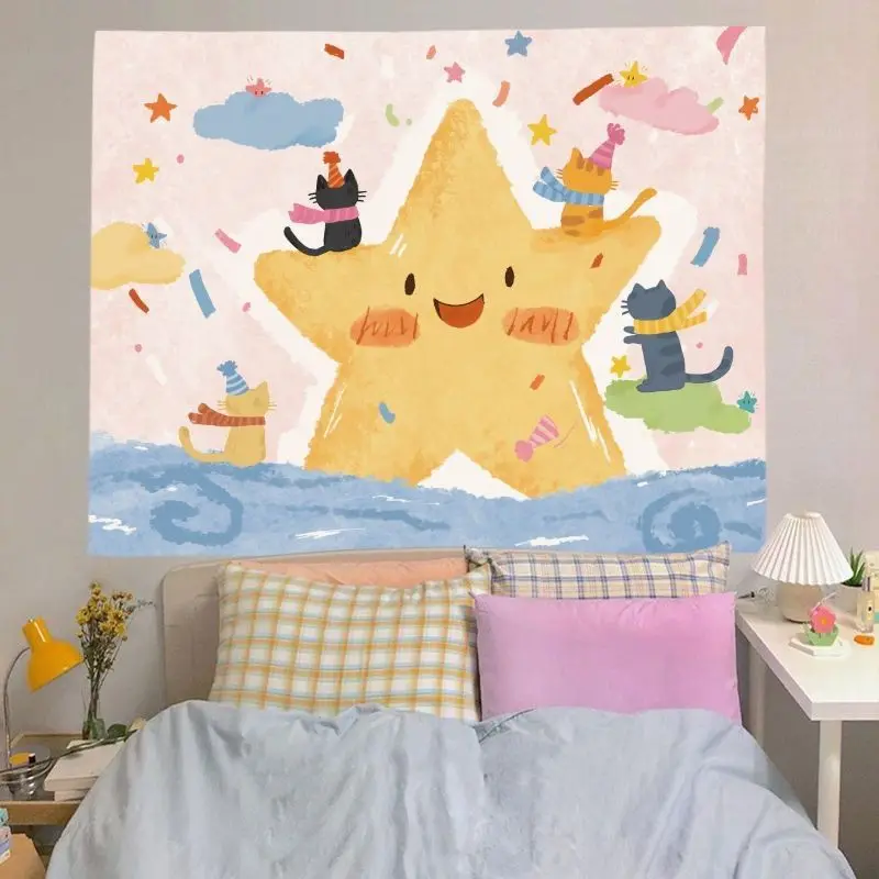 VIKAMA Cute Cat Star Pink Collage Photo Wall Tapestry Wall Hanging Kawaii Teen Girls Dorm Bedroom Decor