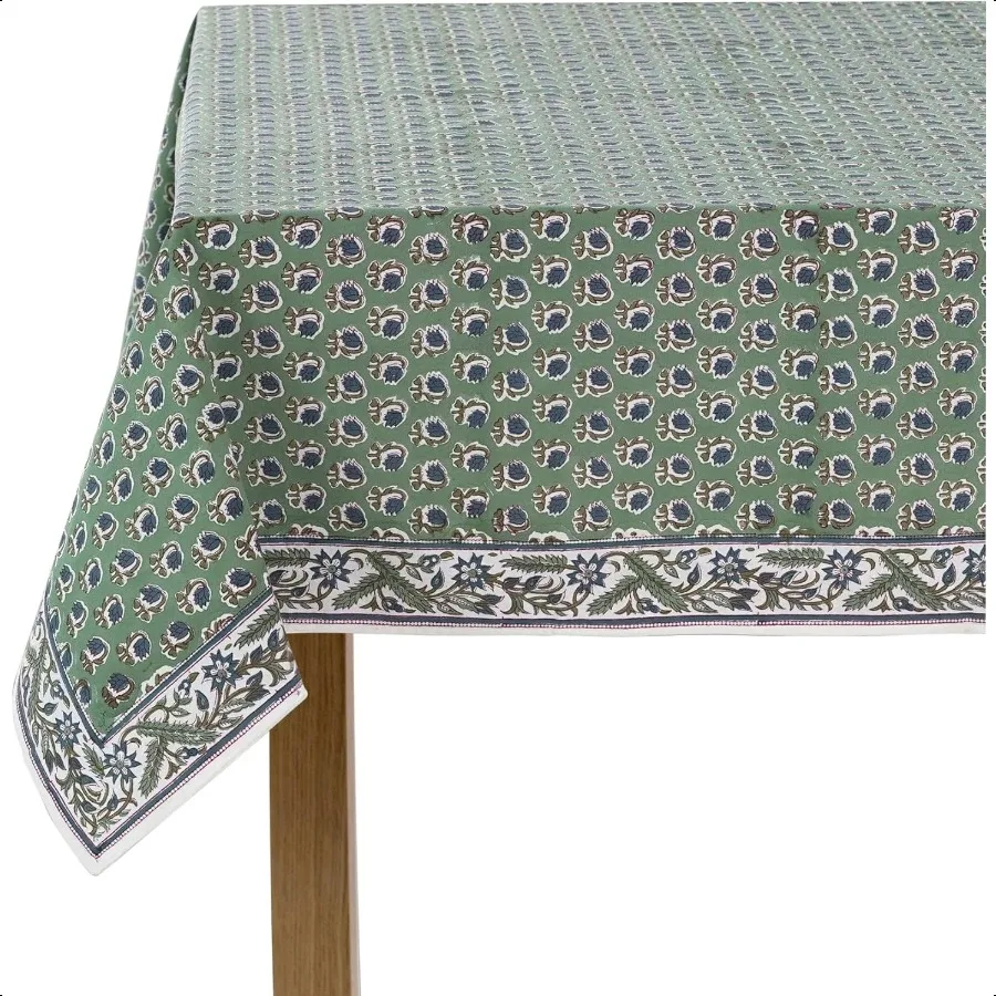 

Basil Green 60 x 90 Inches Rectangular Cotton Washable Tablecloth Hand Block Print Floral for Kitchen Dining Spring Easter Wedd