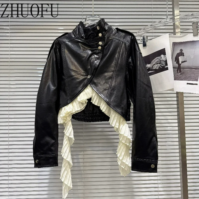 Fashion Hot Girl Women's Jacket Punk Design Lace Streamer Sweet Cool Locomotive Pu Leather Stand-up Jackets Ladies Autumn New