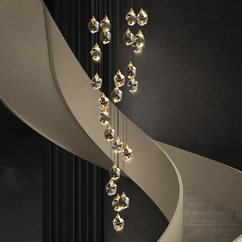 

Staircase long chandelier, grand and luxurious crystal loft apartment duplex villa with elevated ceiling, living room chandelier