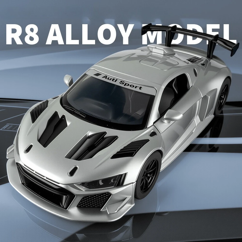 1:24 R8 LMS GT2 RS7 Model Car Toy Sound Light Pull Back Alloy Body Rubber Tires Vehicles Models Toys Home Decoration Ornament