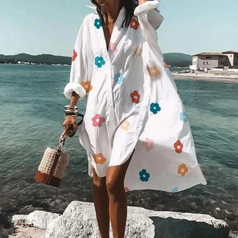 Vestido camisero holgado informal para mujer, manga larga, estampado, cuello de pico, para playa, primavera y verano