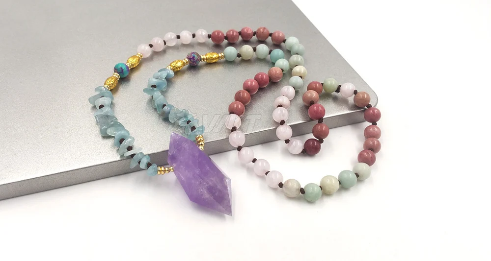 WT-N1377  WKT 2025 Hot Sale Rose Quartzs&Red Rhodonite&Amazonite Aqua Nuggest Pendant  Amethysts Beads For Women Necklace