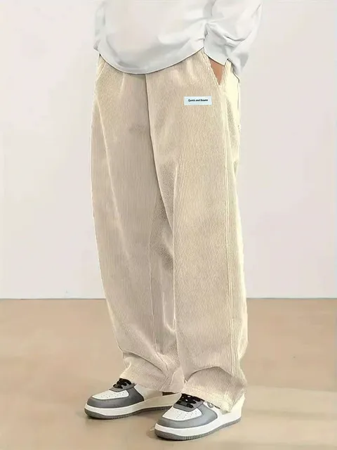 Autumn Mens Corduroy Casual Pants Fashion Loose Fit Pants Straight Sweatpants Elastic Waist Drawstring Outdoor Streetwear 5