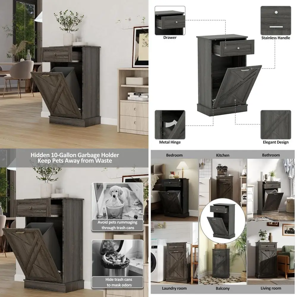 

Freestanding Wooden Recycling Bin Cabinet with Drawer - Oak Grey Kitchen Trash Organizer