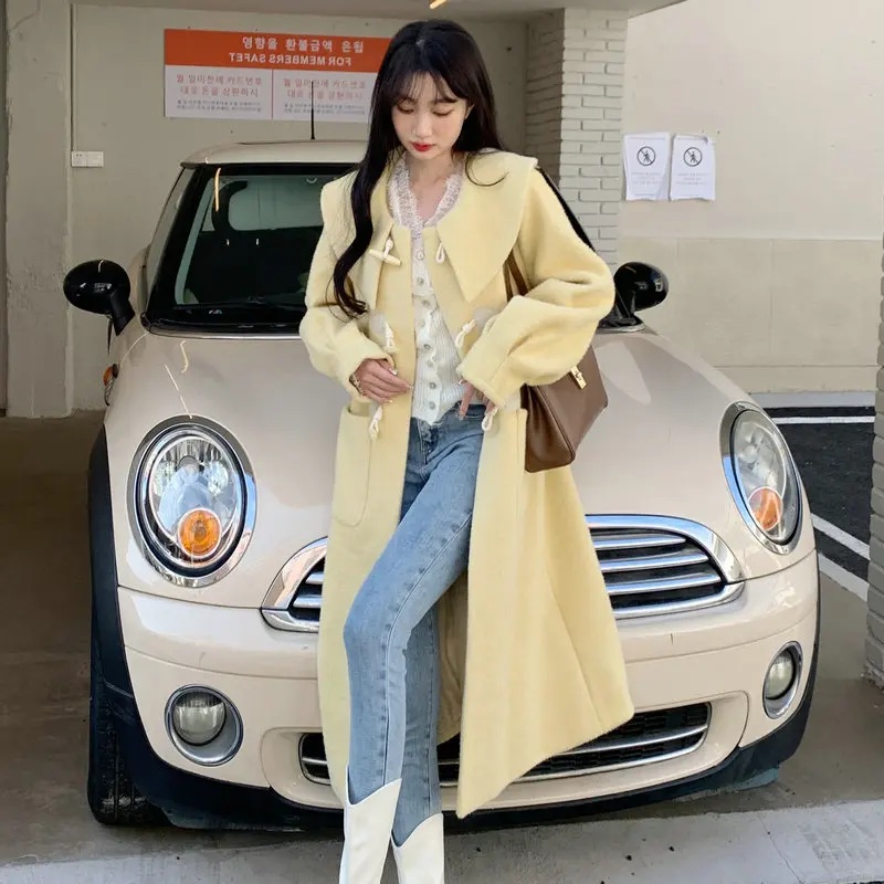 

Autumn Winter Thi Soft Woolen Coat Original Design Korean Sle Commute Straight Cut Long Sve Button Decoration Date Mee...