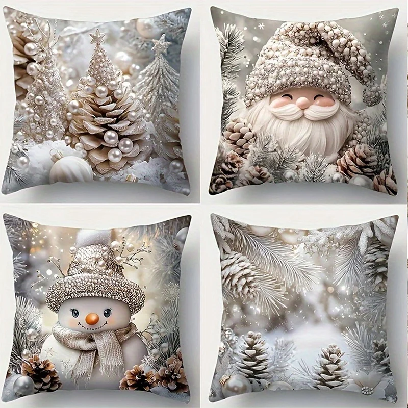Home Decor Festive Christmas Decorative Cushion with Santa & Snowman Pattern Cushion Cover Suitable for Sofa Bedroom Car Pillow