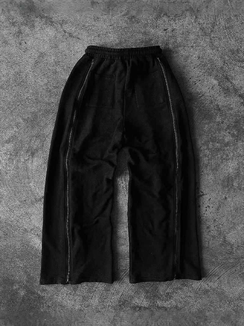 

Casual black long pants men's wide leg pants autumn and winter popular zipper drawstring trendy pants