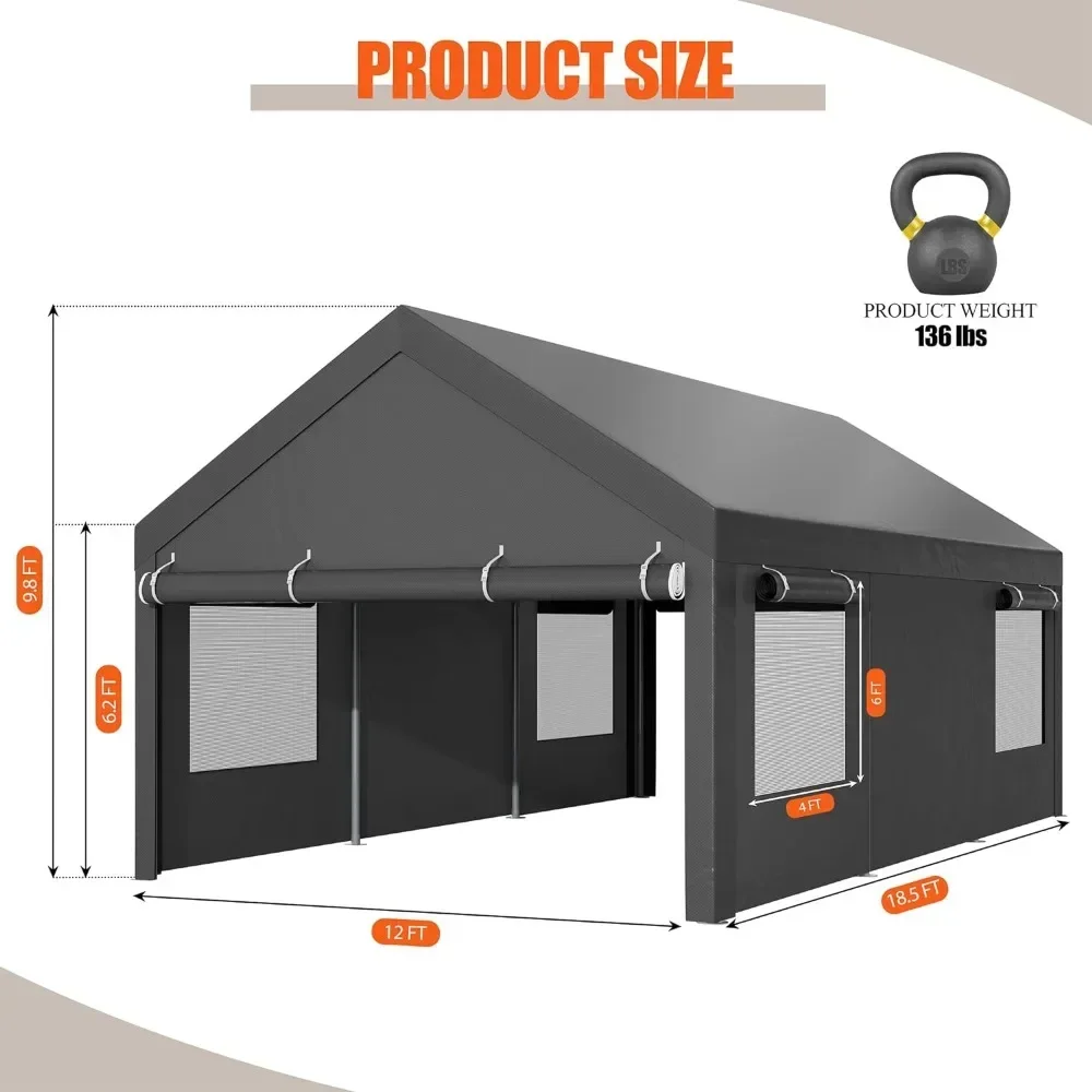 12x18.5 ft Carport Canopy with Roll-up Windows, Portable with Removable Sidewalls & Doors, with All-Season Tarp