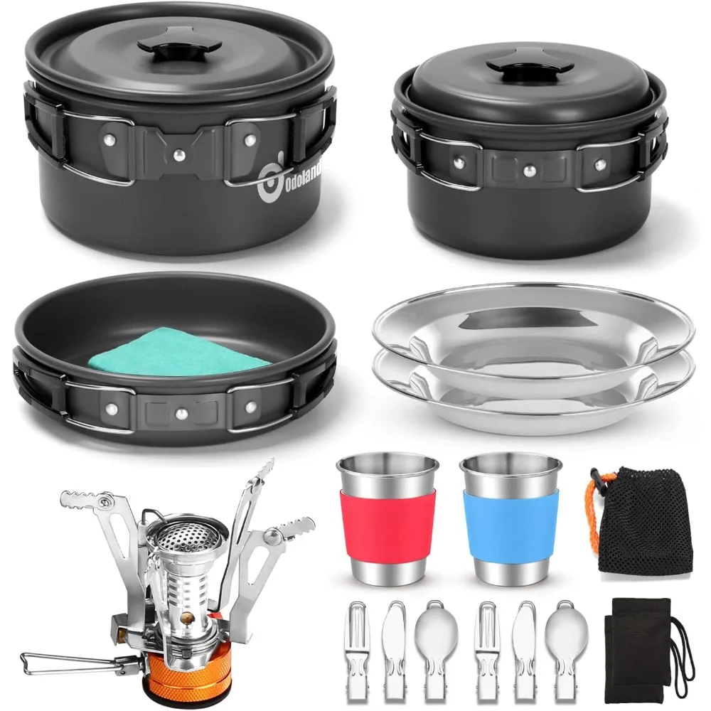 

Odoland 16pcs Camping Cookware Mess Kit with Folding Camping Stove, Non-Stick Lightweight Pots Pan Set with Stainless Steel