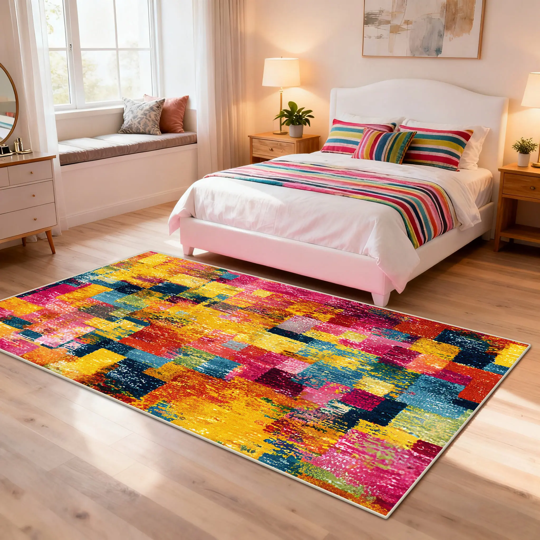 

Современное абстрактное сращивание, противоскользящий прикроватный ковер, украшение для гостиной, пушистый милый ковер, легко чистящиеся мягкие геометрические коврики для пола