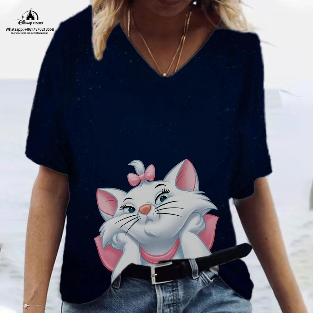 

2023 Fashion New Women's T-Shirt Disney Marie Anime Printing Women's T-Shirt Casual V Neck Summer High Quality Short Sleeves