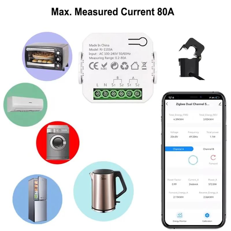 Tuya Smart Life Wi-Fi энергетический монитор двунаправленный 1-канальный с зажимом CT App Monitor-AT64