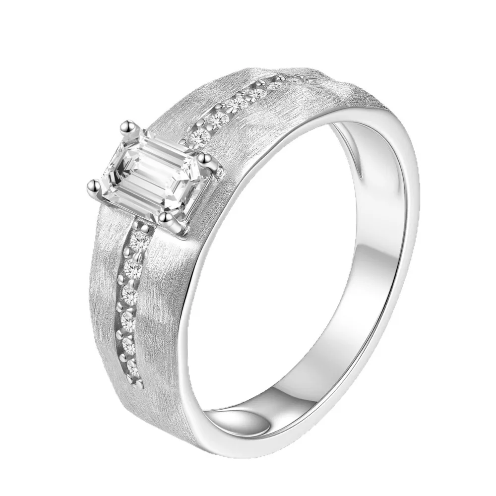 S925 Sterling Silver Brushed Wide Band D VVS1 Moissanite Emerald Cut Ring Fine Jewelry Men Wedding Engagement Statement Ring