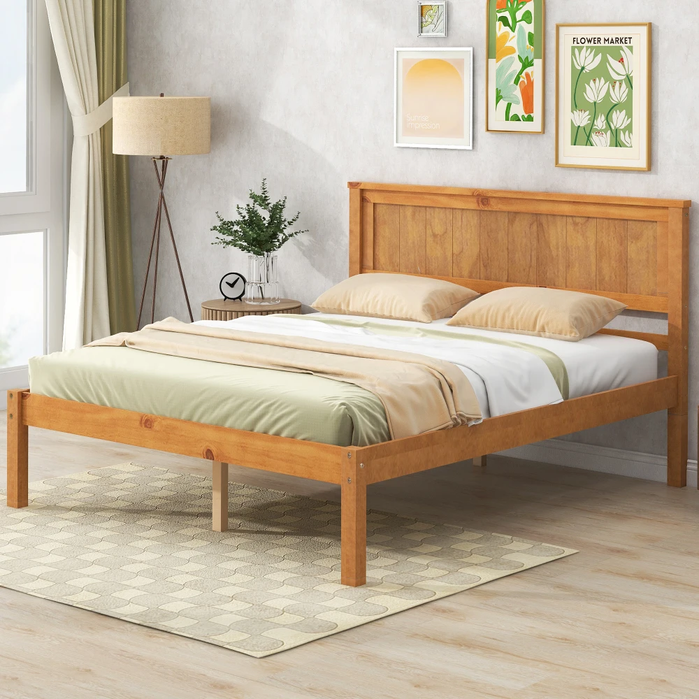 

Platform Bed Frame with Headboard, Wood Slat Support, No Box Spring Needed, Full, Oak