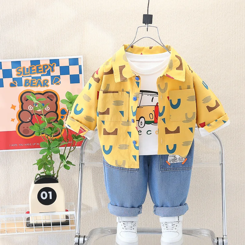 Baby Boys Coats T Shirt Jeans 3 Pcs Suit 2023 Autumn Toddler Children Clothing Sets Cartoon Kids Casual Clothes Infant Tracksuit