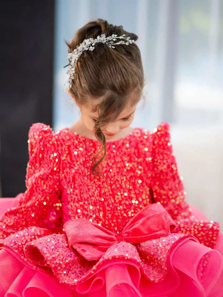 Shiny Long Sleeve Sequined Flower Girl Dresses Hot Pink Ruffles Girl's Birthday Party Dress Kids Pageant Dress Customized