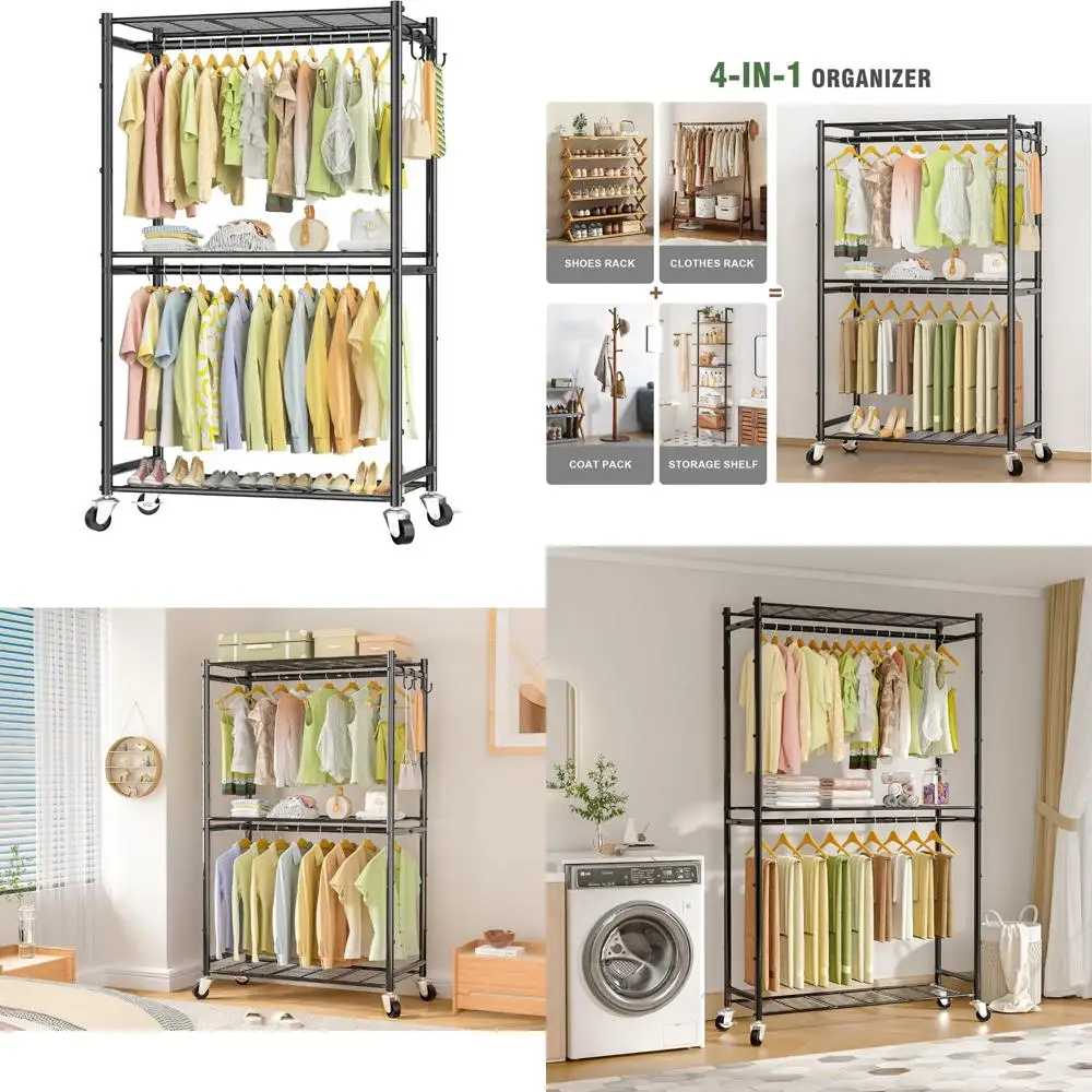 

Portable Double Rod Metal Garment Rack with 3 Shelves for Hanging Clothes, Space-Saving Wardrobe Closet