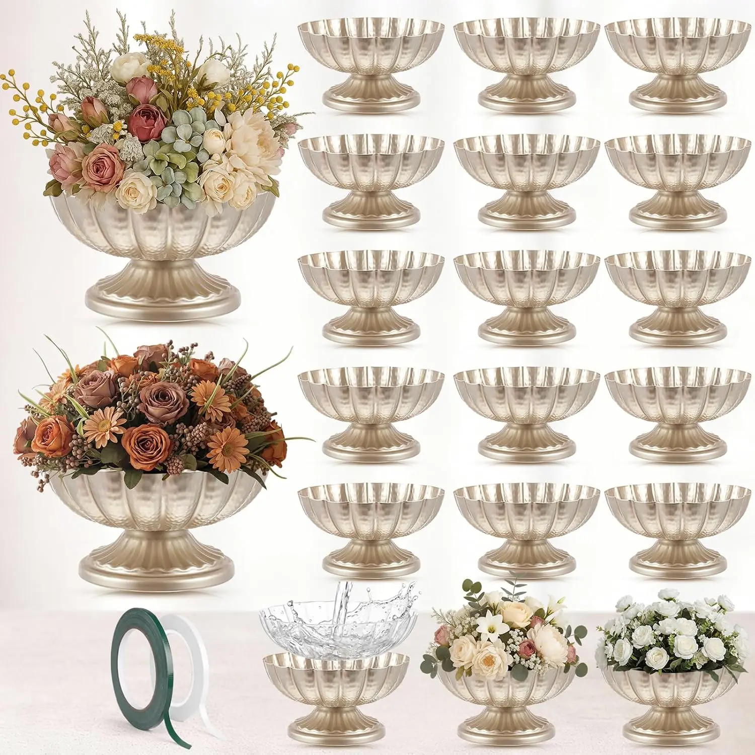 Silver 20-Piece Metal Compote Vase Set, Floral Centerpiece Bowls