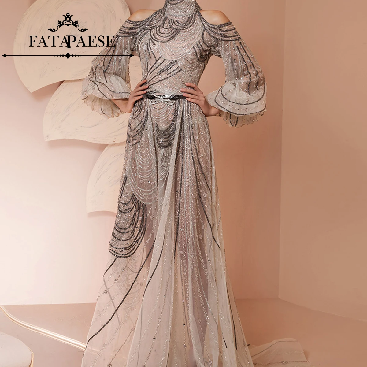 

FATAPAESE Платье для выпускного вечера по индивидуальному заказу, полностью расшитое бисером платье с высоким воротником и длинными пышными рукавами, с открытой спиной, макси-юбка русалки, специальные платья