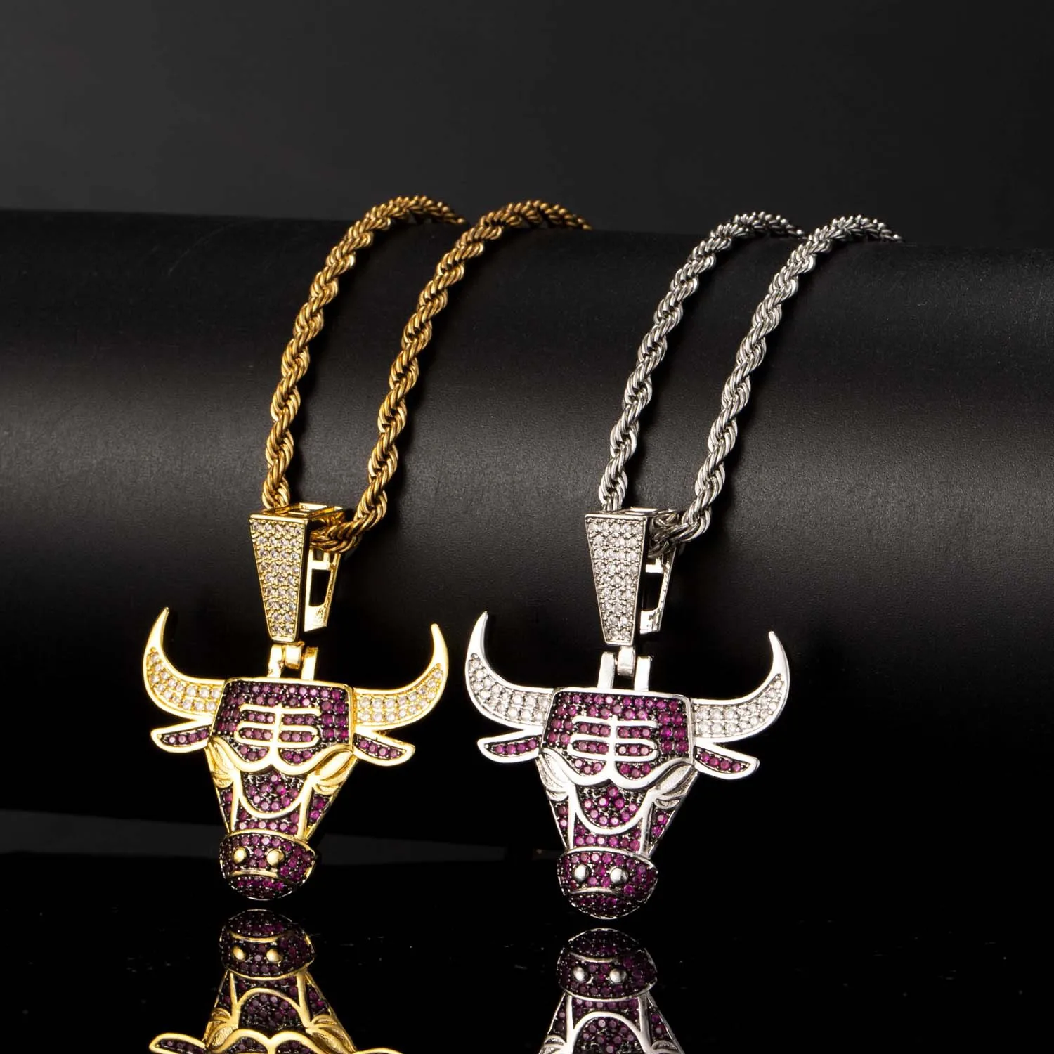 Fashion Animal Bull Head Pendant Necklace For Men Hiphop Iced Out Bling Micro Paved CZ Necklace Punk Rock Biker Jewelry