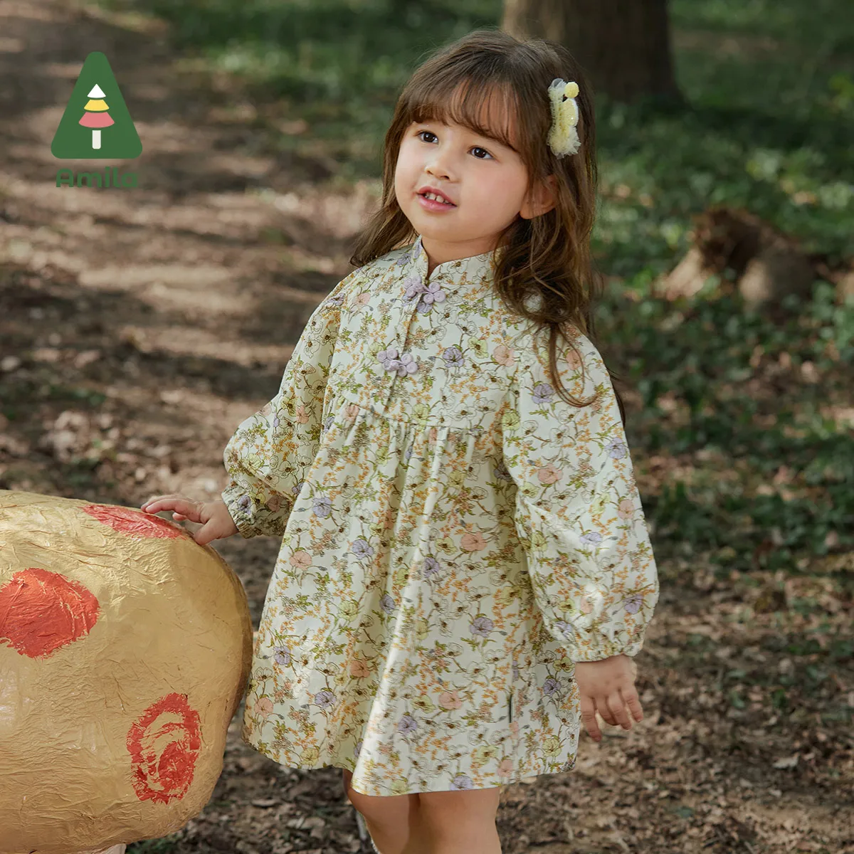 Amila Baby Girls Flowers Dress 2023 Spring New 100% Cotton Long Sleeves A-Line Dresses Full Print Sweet Cute Children Clothes