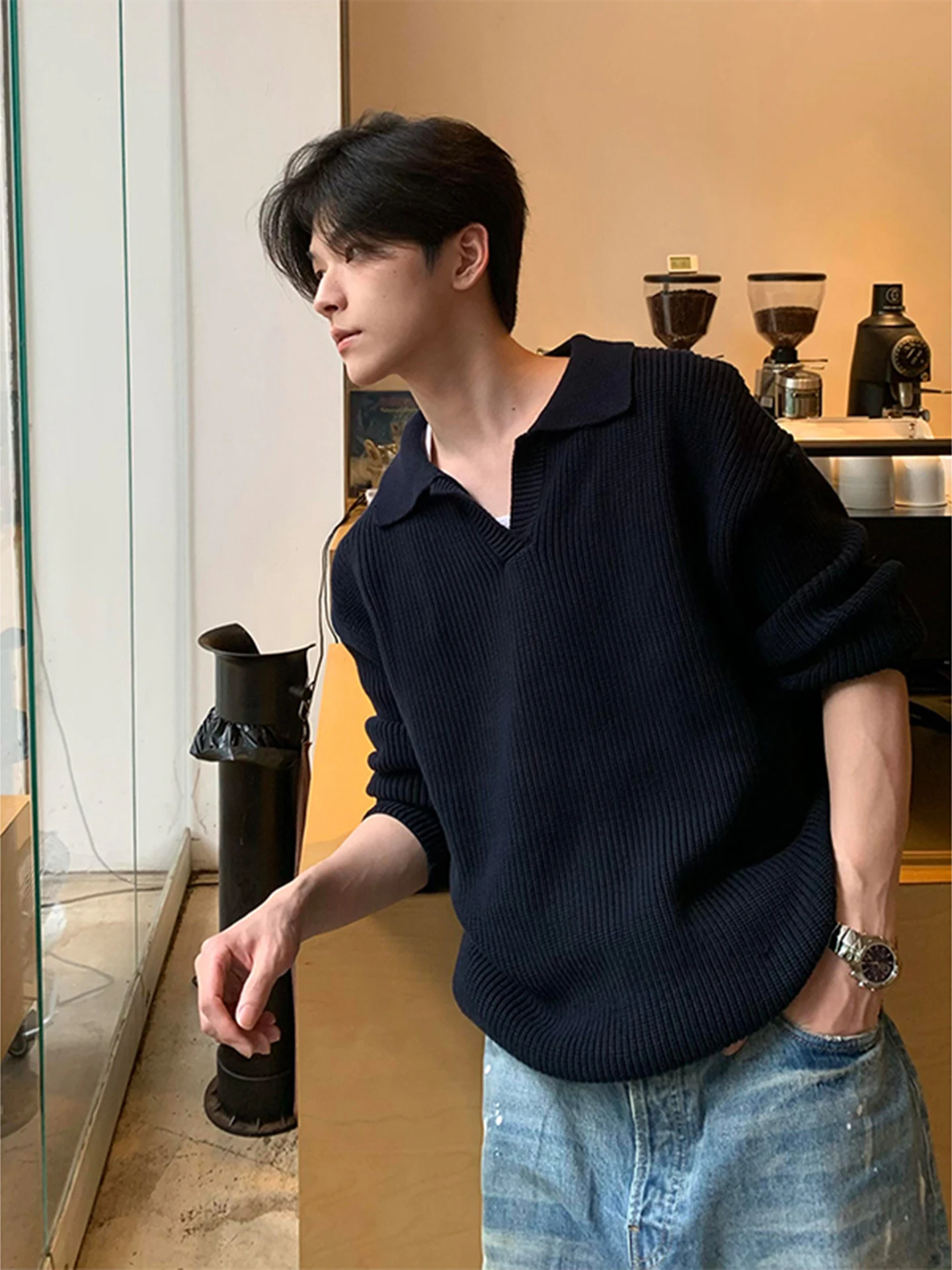 

American Retro College Stripe Men's Sweater Lazy Knitted irt Cleanfit Seagull Collar irt Loose Fit Long Sve