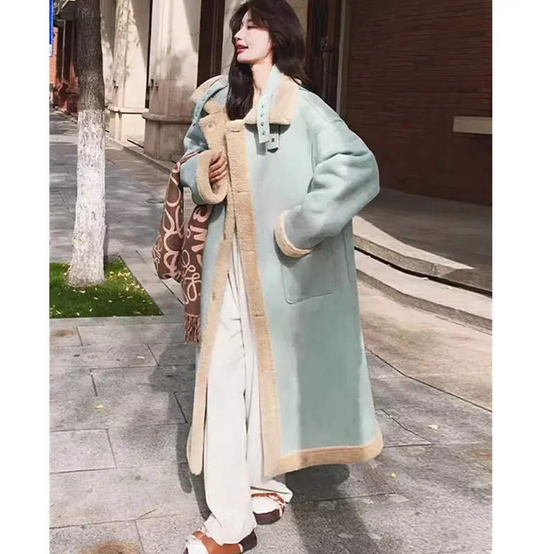 Blue High-end Dual sided Lamb wool Coat For women\'s Winter wear 2024 New Fashion Thicken Cotton Jacket Female Warm Long Overcoat