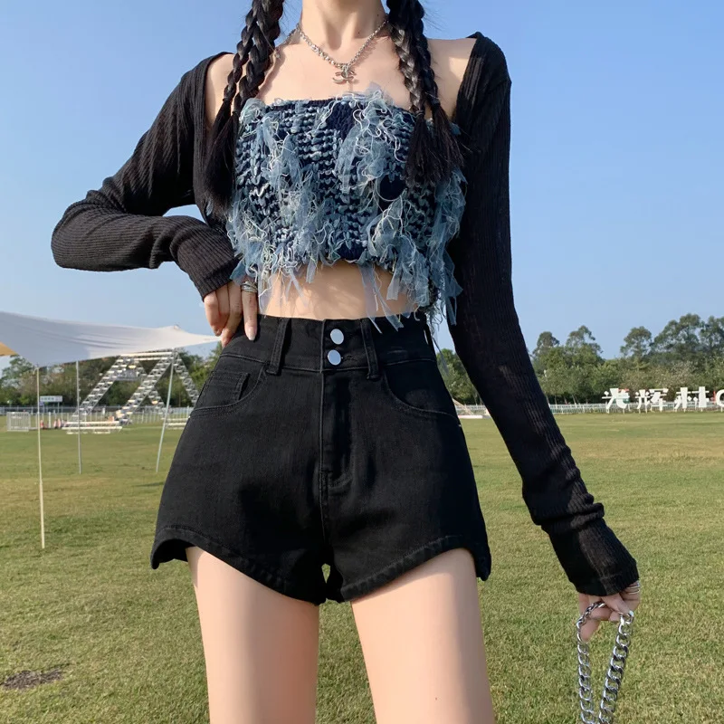 

Женские черные джинсовые шорты Slimminga с небольшим эластичным поясом, летний тонкий фасон, новинка 2023 года, с высокой талией.